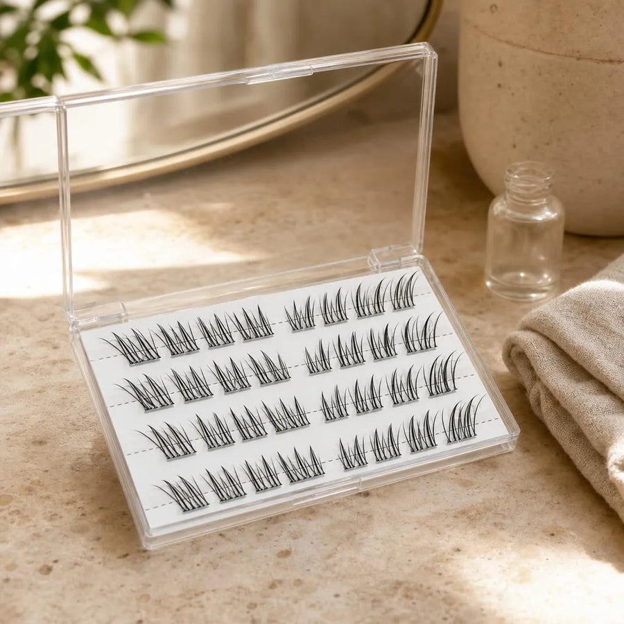 Case of lash clusters on a bathroom counter