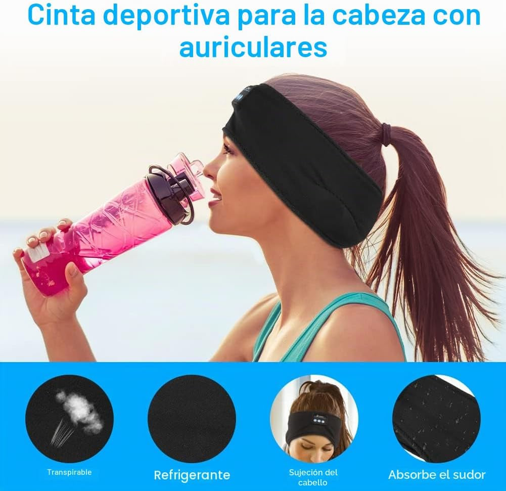 Flintronic Auriculares Para Dormir, Diadema Deportiva Para Dormir, Antifaz Para Dormir Auriculares Bluetooth, Para Deportes, Musica, Correr, Viajar(Negro)